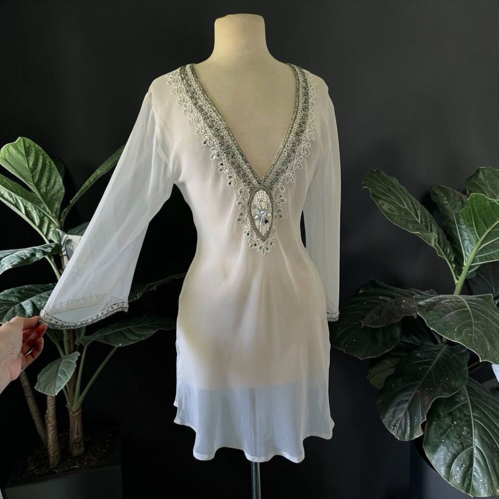 L'affaire Beaded White Chiffon Tunic Dress Swim Cover Up Boho Embellished Large